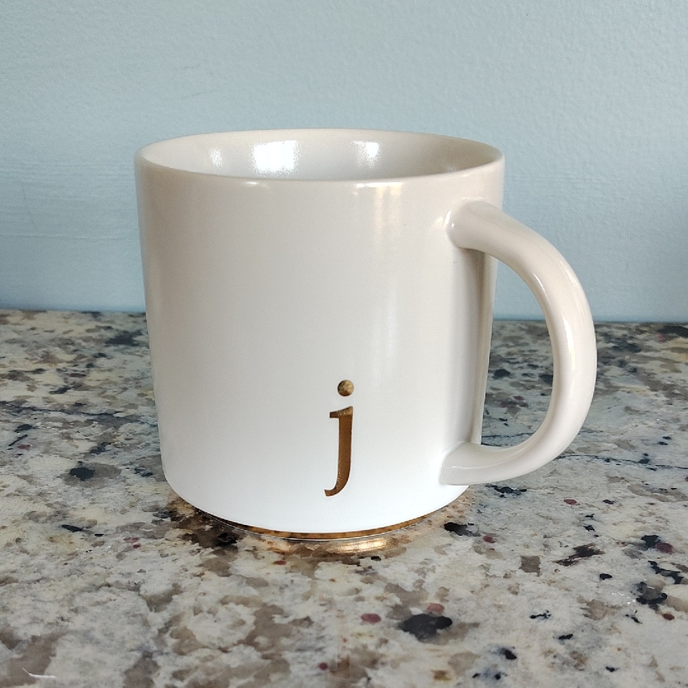 ☕ Collective Home White Ceramic Mug with Gold Initial "j". New!